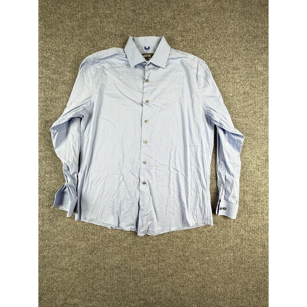 Kenneth Cole Reaction Dress Shirt Mens 16.5 34/35 Blue Stripe Slim Fit Stretch